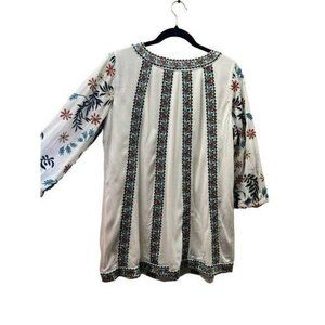 Women Tunic Eleandra Gauze Top  Long Sleeved Embroidery White And Floral XS